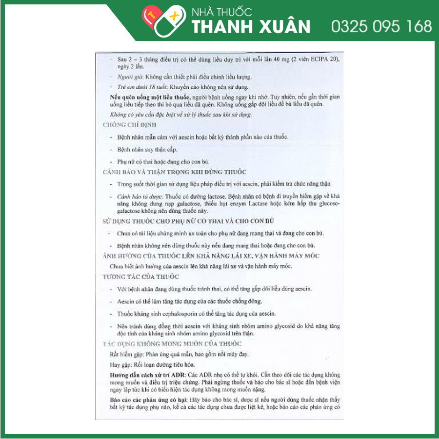 Ecipa 50 điều trị giãn tĩnh mạch, phòng và điều trị tụ máu chống viêm, chống phù nề sau phẫu thuật và chấn thương